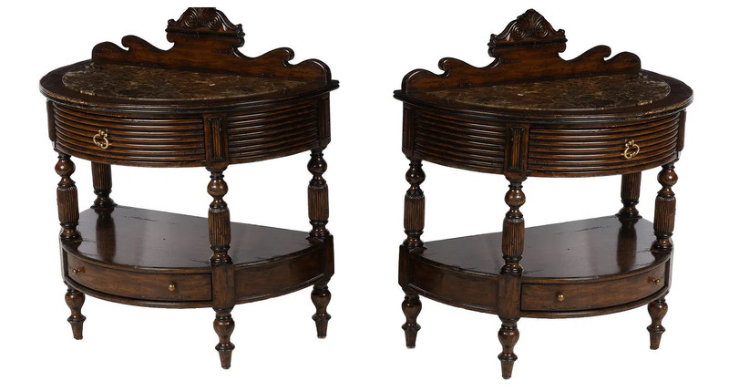 Pair of Marge Carson Demilune Side Tables / nightstands marble top