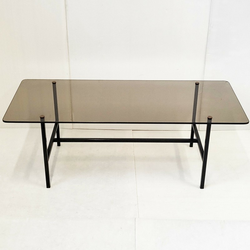 Vintage 1950 Black Lacquered Steel & Smoked Glass Coffee Table 50s Rockabilly