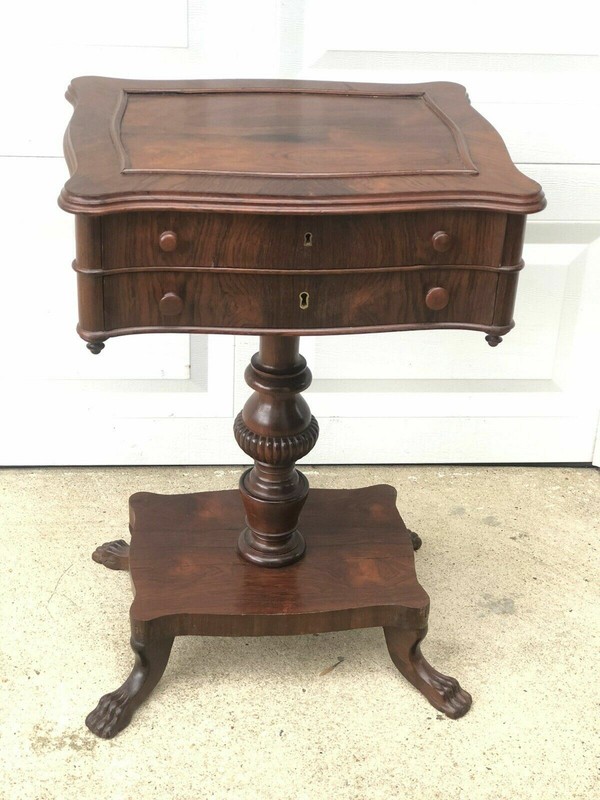 Antique Victorian Solid Wood Claw Foot Sewing Table Flip Top Secretary Drawers