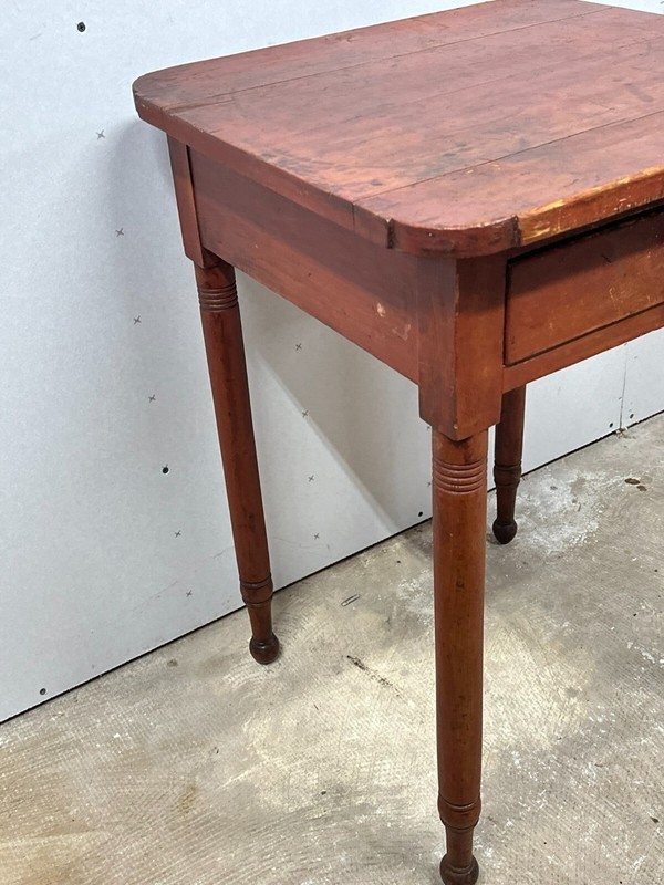 Pennsylvania 1800s red painted work table pine shaped top dovetailed stand gallery