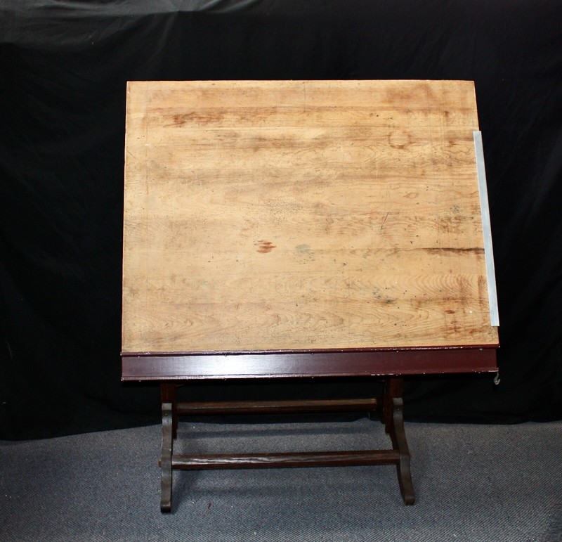 Antique Solid Oak Drafting Table by Frederick Post. Adjustable. Iron Hardware.