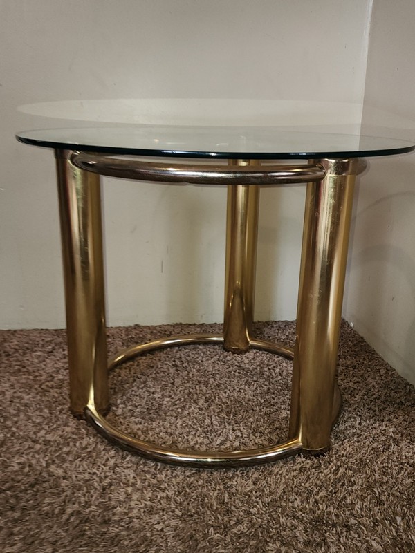 Mid Century Modern Hollywood Regency Tubular Brass Round Glass Side Table 26" gallery