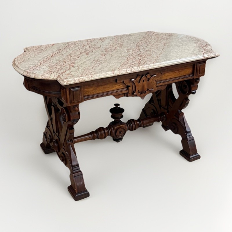 19th C. Victorian Renaissance Revival Carved Walnut Marble-Top Desk 49.5″