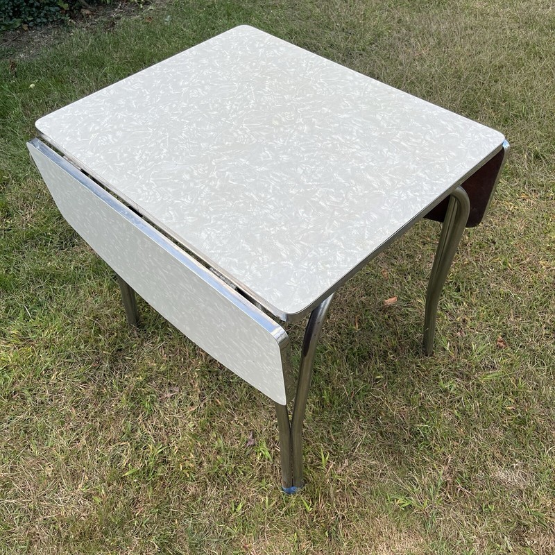 Rare Vintage Cracked Ice Chrome Leg Dining Table w/Drop Leafs gallery