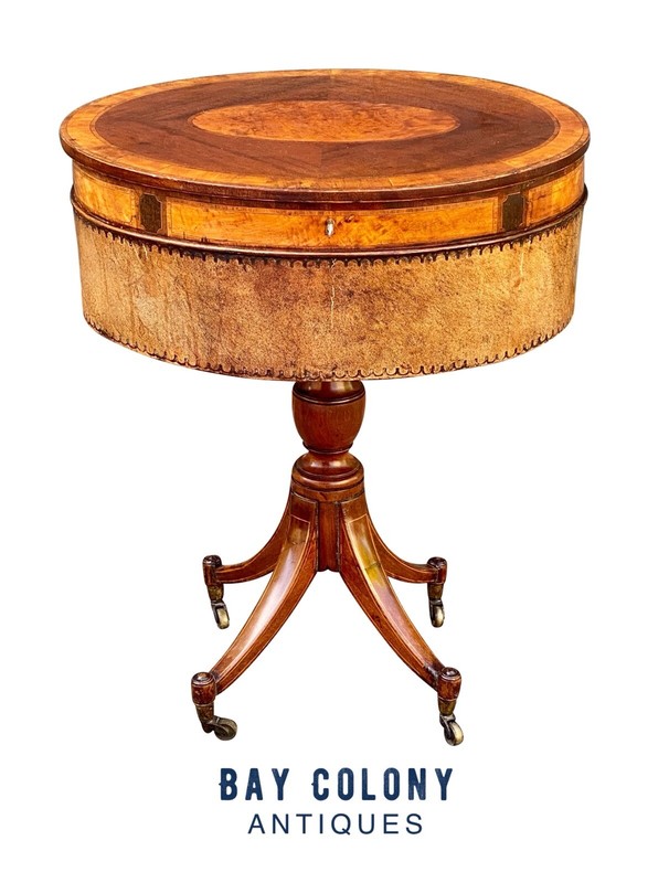 ANTIQUE REGENCY MAHOGANY & SATINWOOD SEWING STAND / WORK TABLE