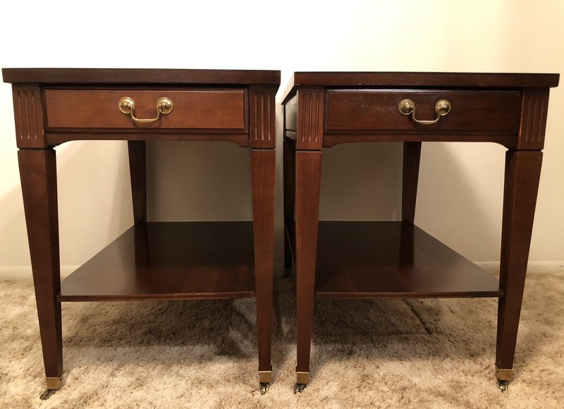 Mid Century (60’s) Federal Style MERSMAN Mahogany Side Tables On Brass Casters