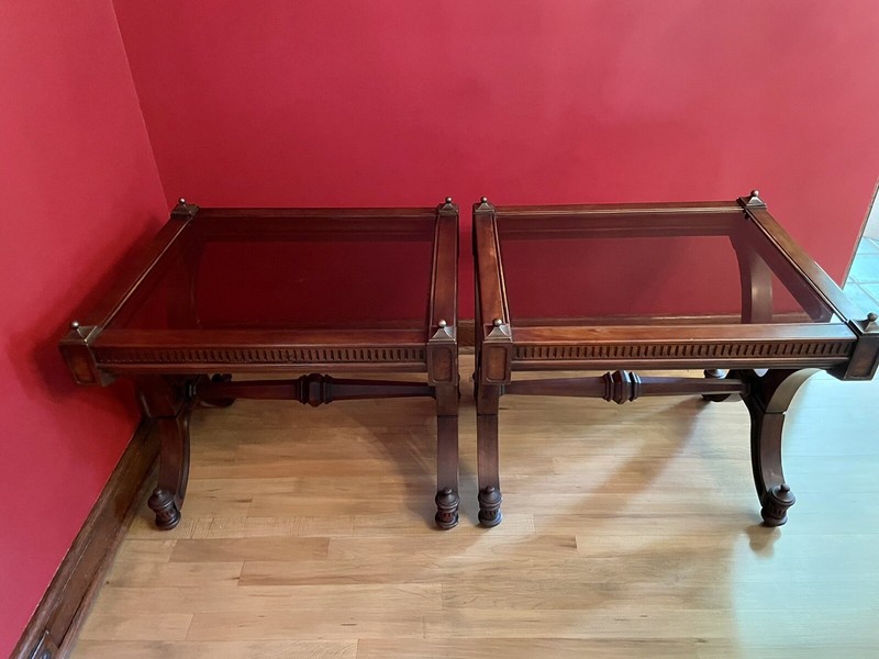 Mahogany Empire Style Side Table Pair With Glass Top And Brass Finials