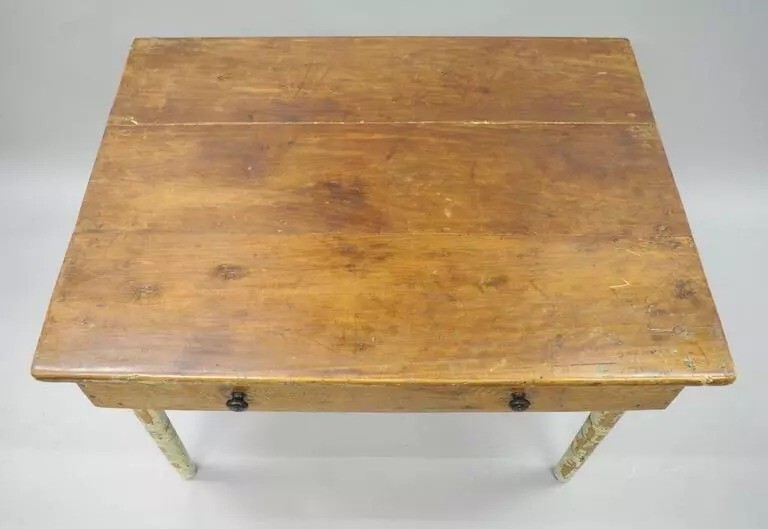 American Primitive Blue Green Distress Painted Rustic Barn Wood Farm Work Table gallery