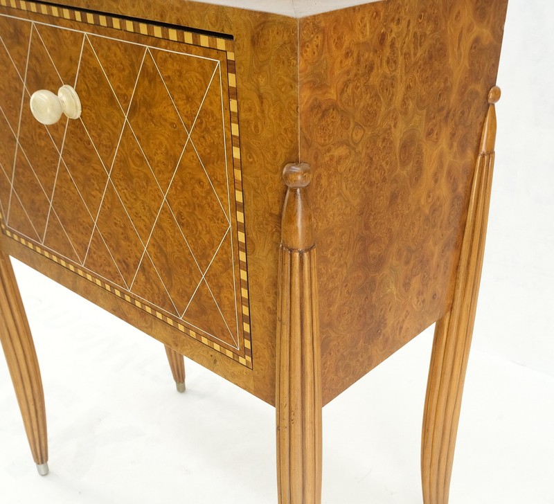 Art Deco Diamond Inlay Drop Front Burl Wood Stand Side Table Fluted Tapered Leg gallery