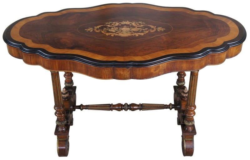 Antique American Renaissance Revival Serpentine Walnut Marquetry Center Table