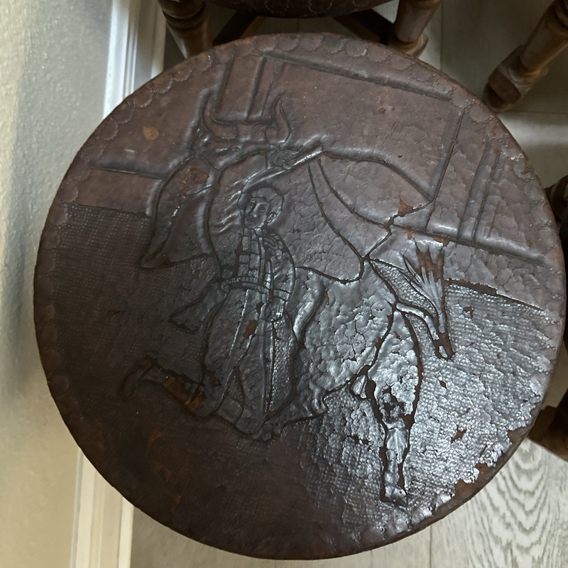 Peruvian Hand Tooled Punched Leather South American Wooden Stools Bull & Matador gallery