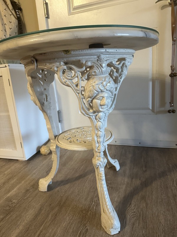 vintage (late 1800's) cast iron table with thick marble top and glass table top gallery