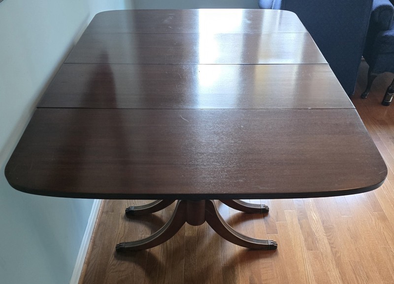 Antique Duncan Phyfe Style Triple Pedestal Mahogany Drop-Leaf Dining Table Claw gallery