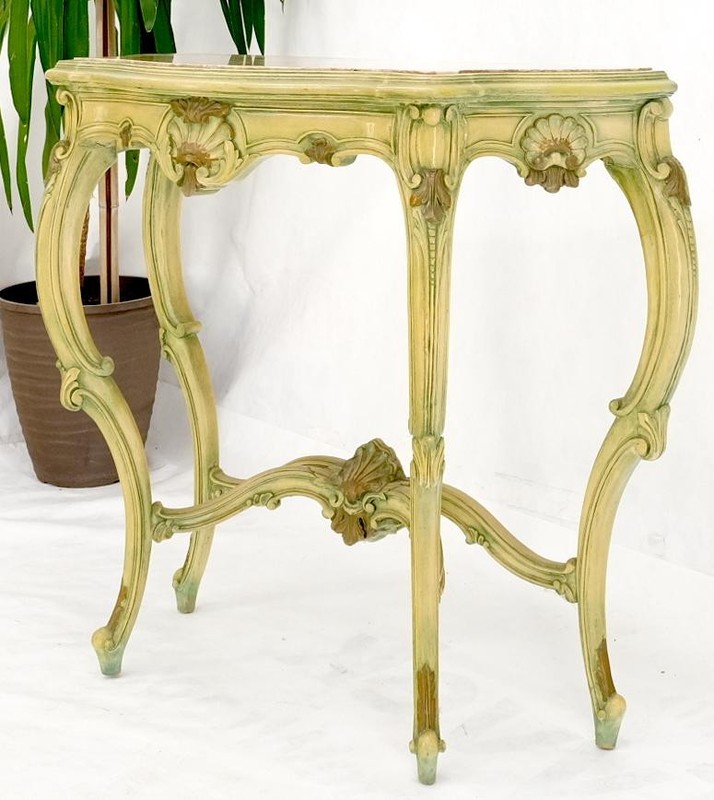 Carved French Regency Paint Decorated Console Table w/ Rouge Pink Marble Top gallery