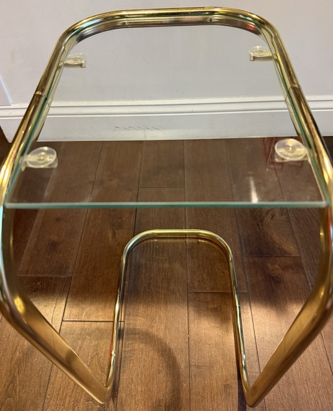 Vintage MCM Milo Baughman Style Brass Tone Glass Top Cantilever Side Table gallery