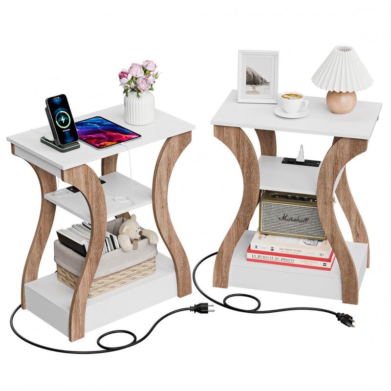 2x 3-Tier Night Stand w/ USB Ports & Outlets Storage Shelf End Side Table White