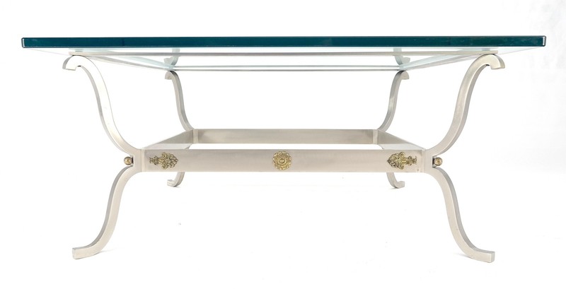 Jansen Atr. Brushed Steel Brass Mounts Rosettes Square 3/4" Glass Coffee Table gallery