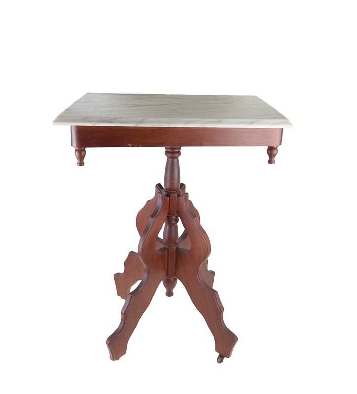 Victorian Eastlake Style Walnut Side Table with White Marble Top