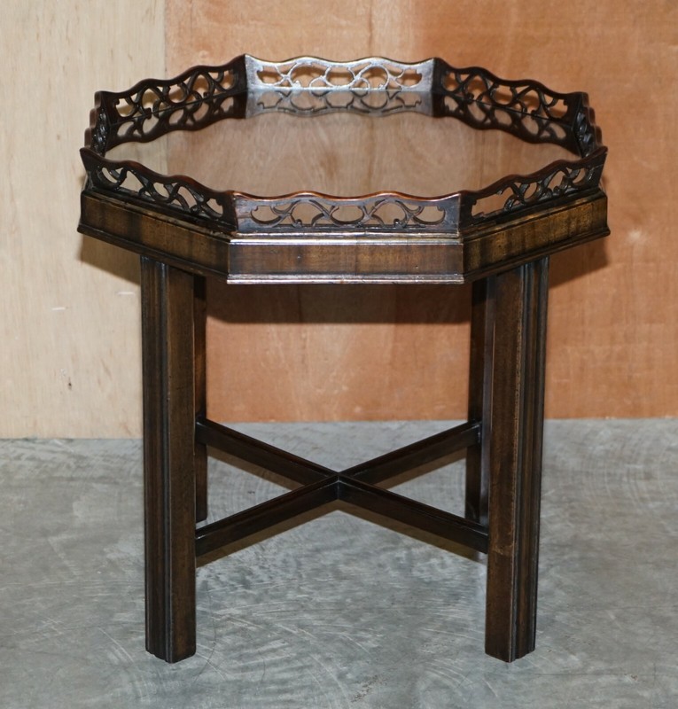 ANTIQUE THOMAS CHIPPENDALE FRET WORK CARVED CARD GAMES TRAY TABLE REMOVABLE TOP gallery