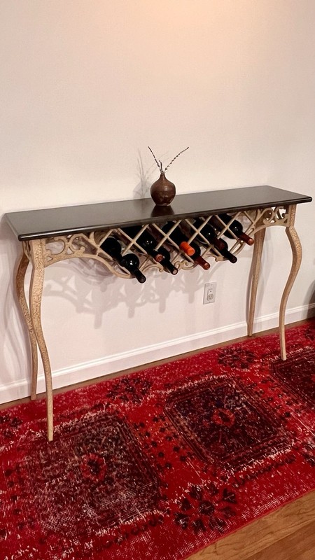 Vintage Bombay Co Console Table, Cream Metal, Faux Black Marble Top, Excellent gallery