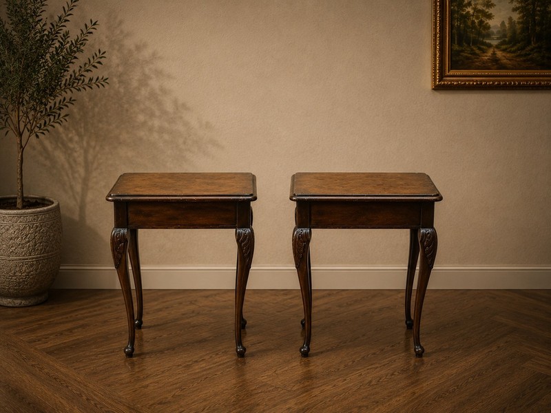 PAIR BURR WALNUT QUEEN ANNE TABLES Vintage Nest Side Lamp Tables UK DELIVERY gallery