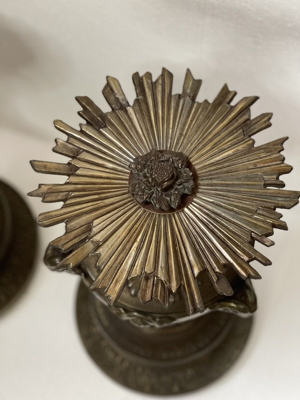 PAIR French Antique Bronze Spelter Rams Starburst Sunburst Pedestal Lamp Table gallery