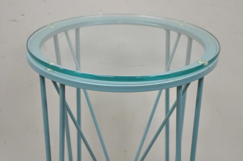 Postmodern Blue Wrought Iron "Skyscraper" Glass Top Pedestal Stand Side Table gallery