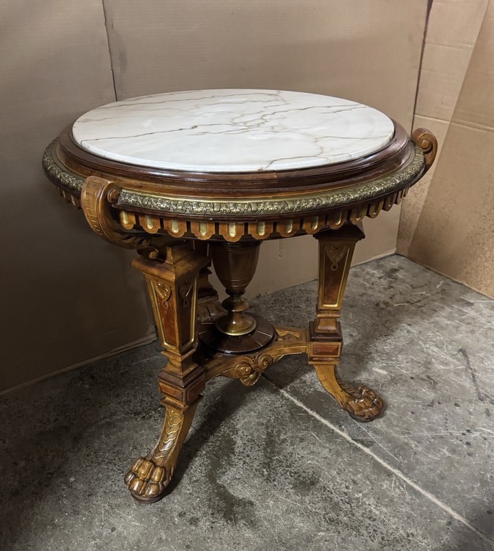 RENAISSANCE RARE ICISED MARBLE TOP WALNUT TABLE, ATTR. HERTER