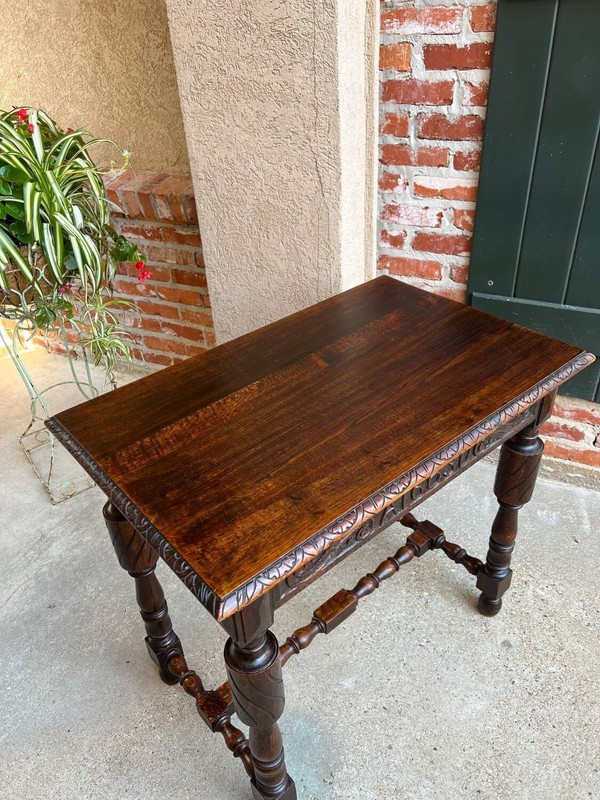 Antique English Carved Oak Hall Sofa Table British Tudor c1900 gallery