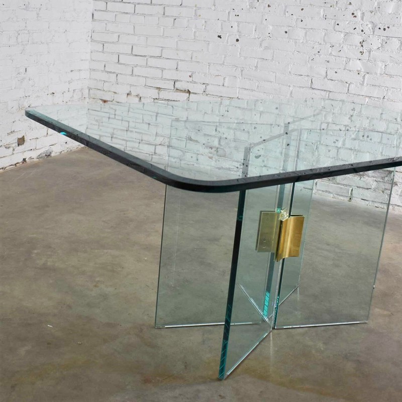 Glass Dining Table with Brass Plated Connector Attributed to The Pace Collection gallery