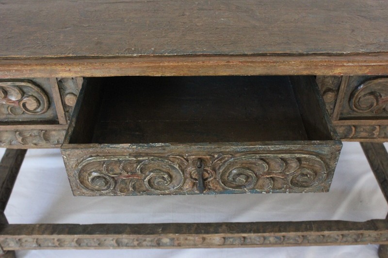 Polychrome Carved Spanish Baroque / Colonial Oak Refectory Table Circa (AF1-371) gallery