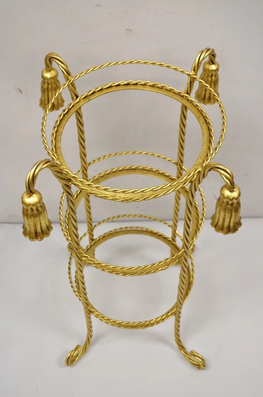 Vintage Italian Hollywood Regency 3 Tier Gold Iron Rope Tassel Stand Side Table gallery
