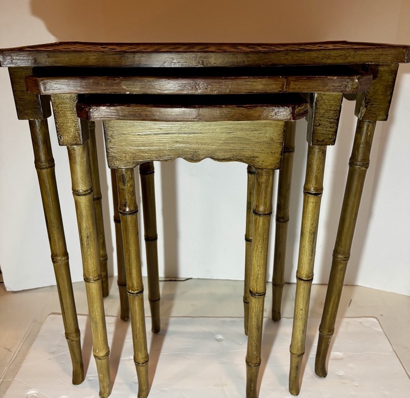 Vintage Boho Chic Faux Bamboo Nesting Tables 3 Pc Handpainted Chinoiserie Style gallery