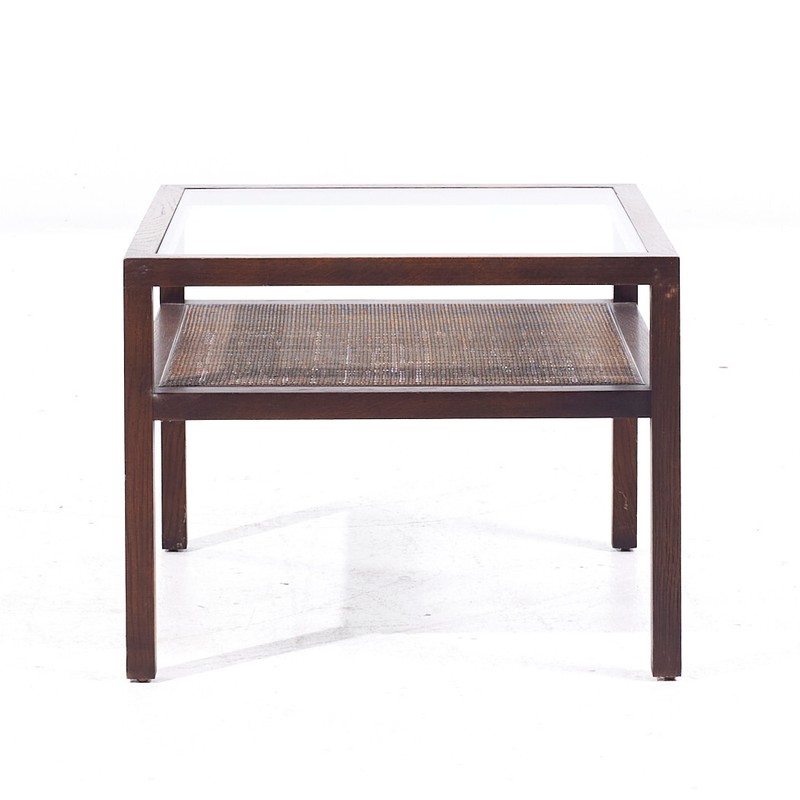 Founders Style Mid Century Oak, Cane and Glass End Tables - Pair gallery
