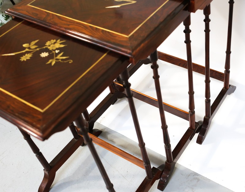 3pc Set French c1900 Mother of Pearl inlay hand painted Stacking Nesting Tables gallery