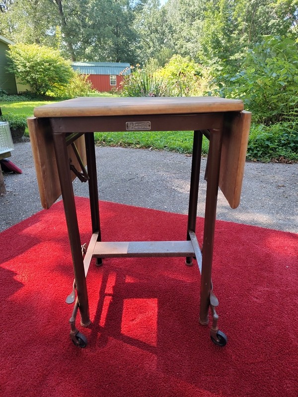 Vintage Hi-L’o Industrial Drop Leaf Wood Top & Metal Rolling Typewriter Stand