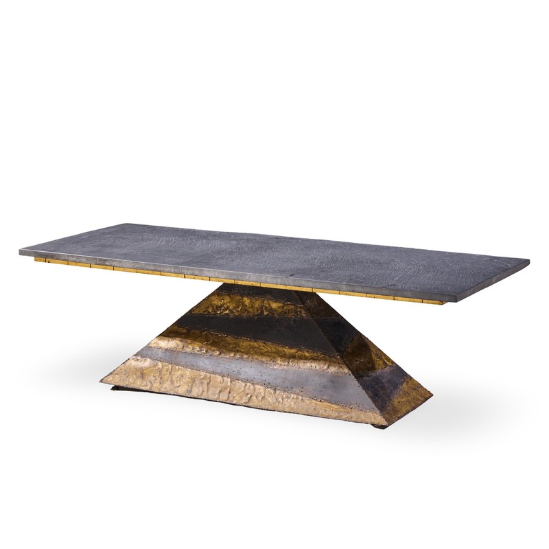 Paul Evans Mid Century Welded Enameled Steel, Gold Leaf and Slate Coffee Table gallery