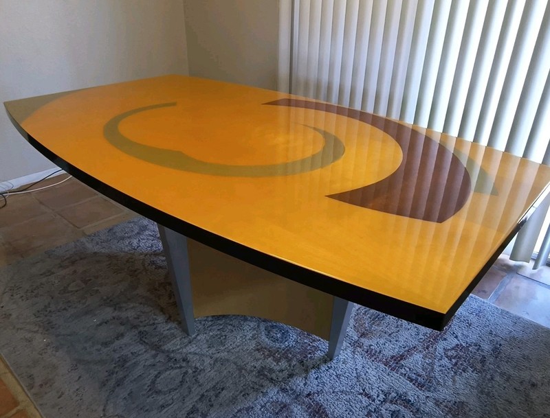 Benjamin Le Signed Postmodern Wood Inlay Dining Table. 1990's Axi Furniture gallery