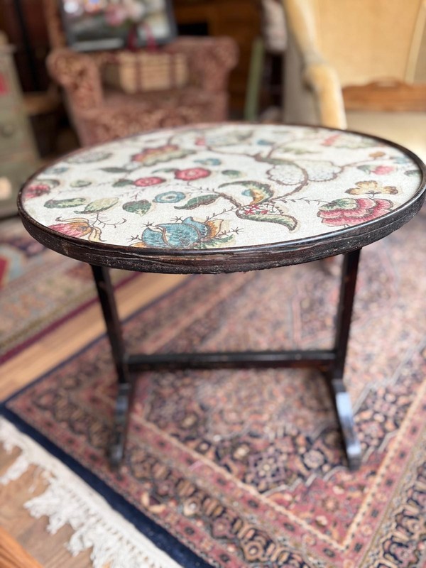 A Early 20th Century Tilt Top Table /Fire Screen Jacobean Style Fabric Glass top gallery