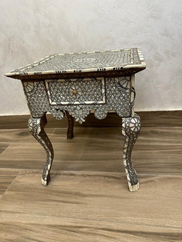Antique Syrian Pedestal Table In Marquetry Inlaid With Mother-of-pearl C1900 gallery