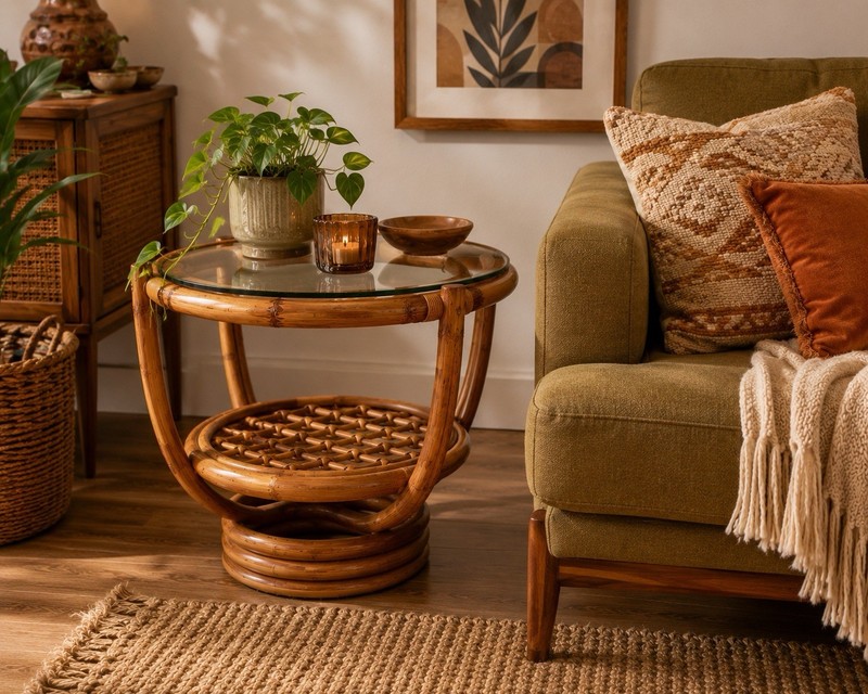Mid 20th Century Boho Rattan Bamboo Round Side Table MCM Glass Top gallery