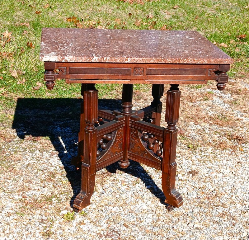 Antique Victorian Eastlake Walnut Parlor Table Chocolate Marble Stick and Ball gallery