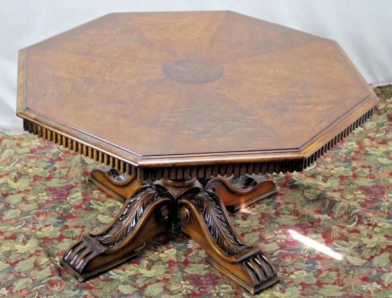 1920 Jacobean Walnut book match Octogen coffee Table gallery