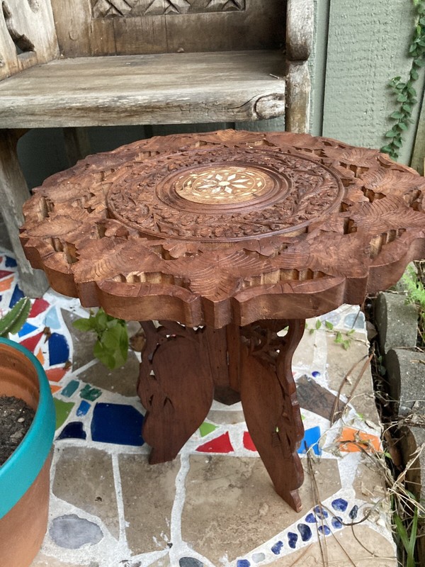 Vintage India Hand Carved Teak Wooden Folding Accent Table With Inlay