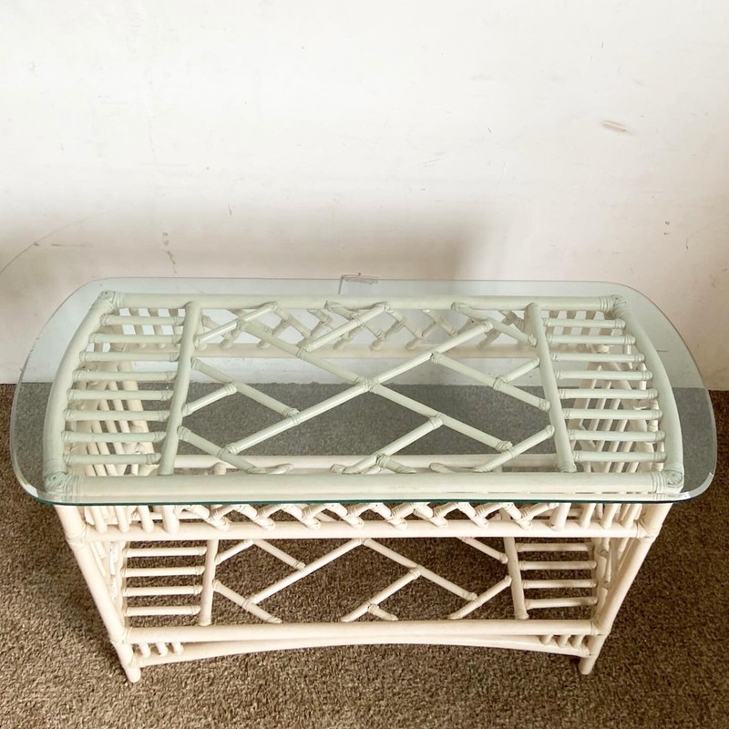 Boho Chic Bamboo Rattan Glass Top Console Tables by Ficks Reed gallery