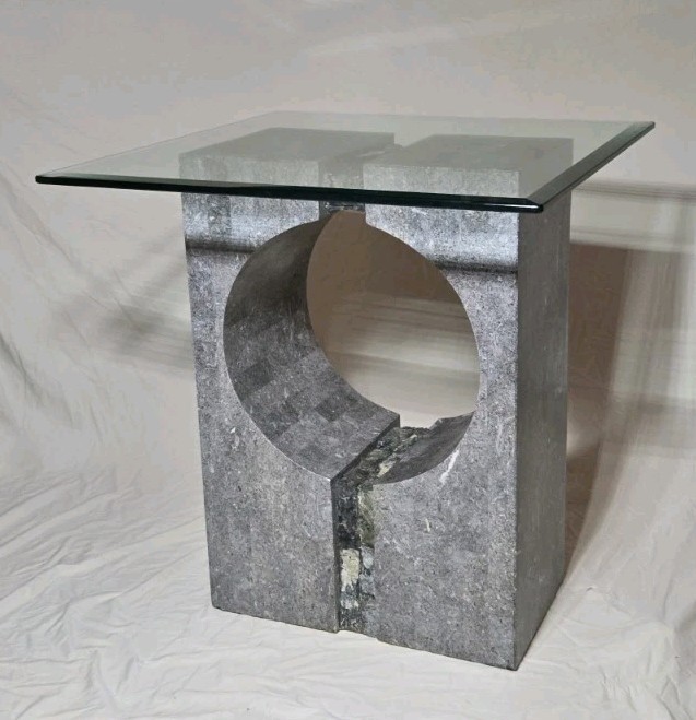 Vintage 80s Mid-century Modern Graphic Tessellated Granite Accent Table 27"x 29" gallery