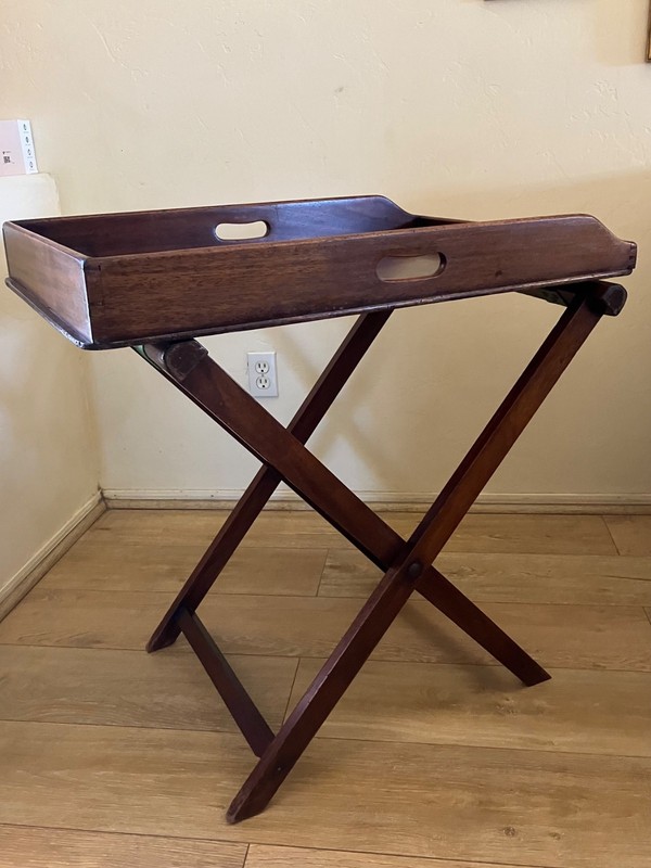 ANTIQUE MAHOGANY BUTLERS TRAY WITH STAND