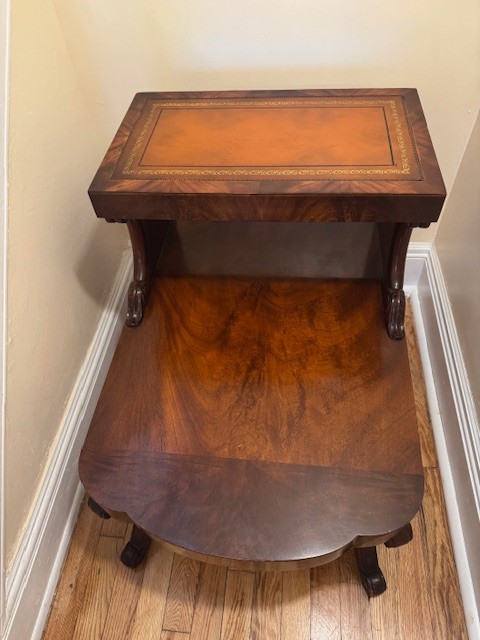 Vintage Ferguson Carved Mahogany Two-Tier Side Table with Leather Top