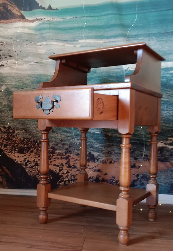 Unique Antique Oak Wood End Table From Heywood. Step Style 2 Tiers With Drawer
