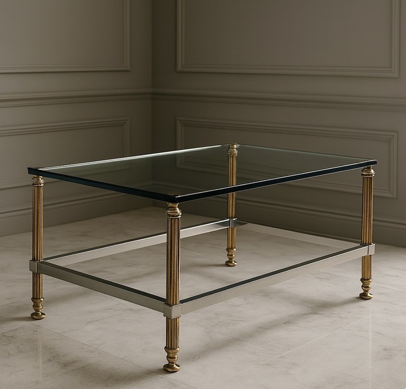 ⭕️ VINTAGE 1970s MASTERCRAFT BRASS,CHROME GLASS FLUTED COLUMN LEG COFFEE TABLE gallery